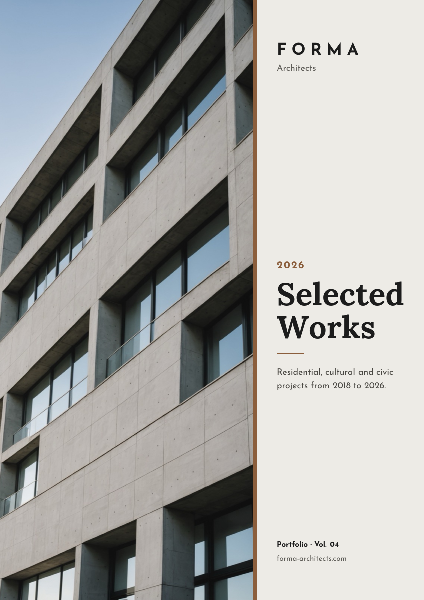 Preview of the Architecture Portfolio Cover template: full-height building photo beside a minimal serif title column