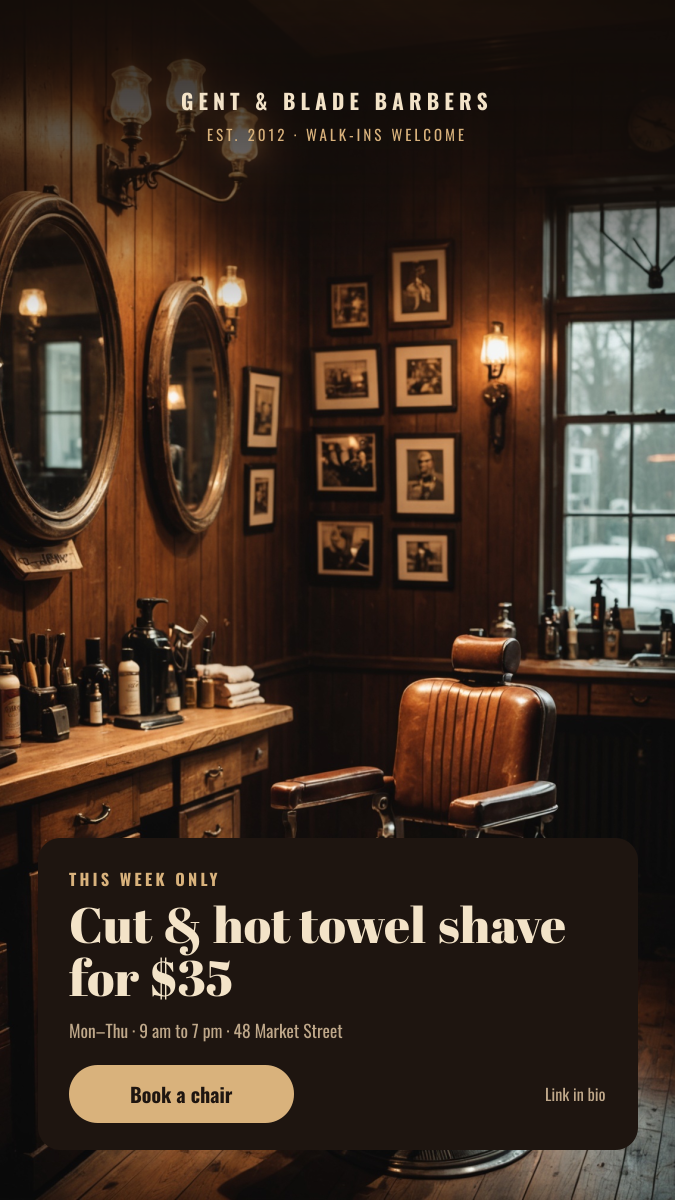 Preview of the Barbershop Offer Story template: warm barbershop interior photo with a dark offer card and booking button