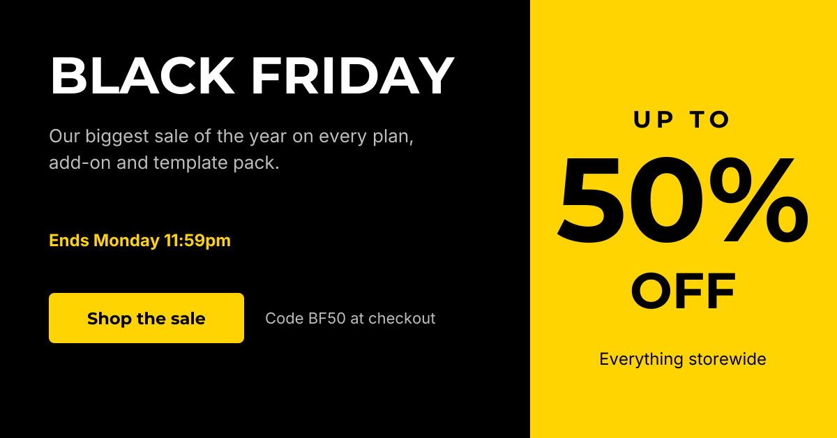Preview of the Black Friday Sale Banner template: black and yellow sale banner with a giant “50% off” block and promo code