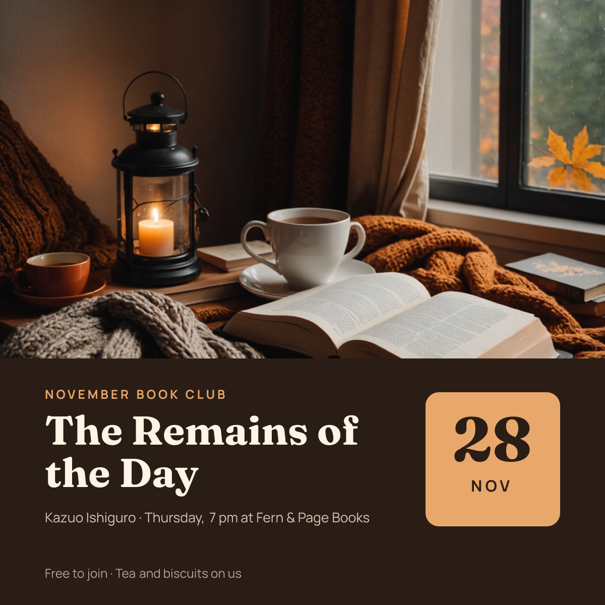 Preview of the Book Club Post template: cosy reading-nook photo with the month's book, meeting details and a date block