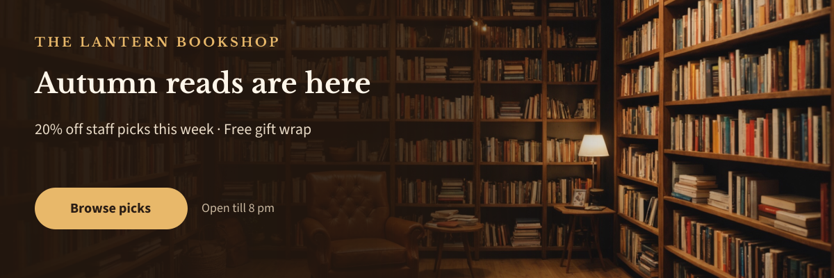 Preview of the Bookshop Email Header template: warm bookshop interior with a serif headline and staff picks offer on a dark fade
