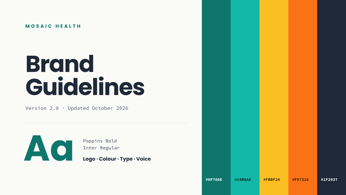 Preview of the Brand Guidelines Cover template: brand book opener with colour swatches, hex codes and a type specimen