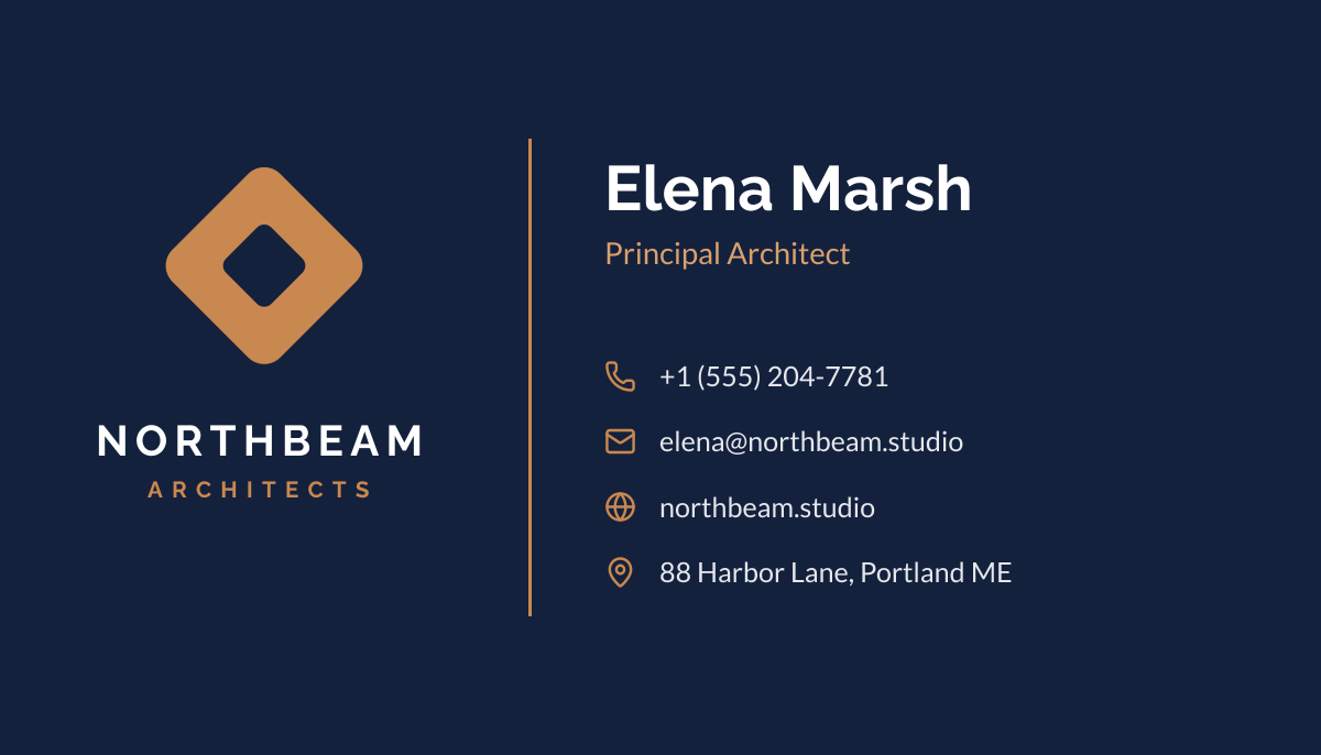 Preview of the Business Card template: navy and copper card with a logo mark and icon-led contact details