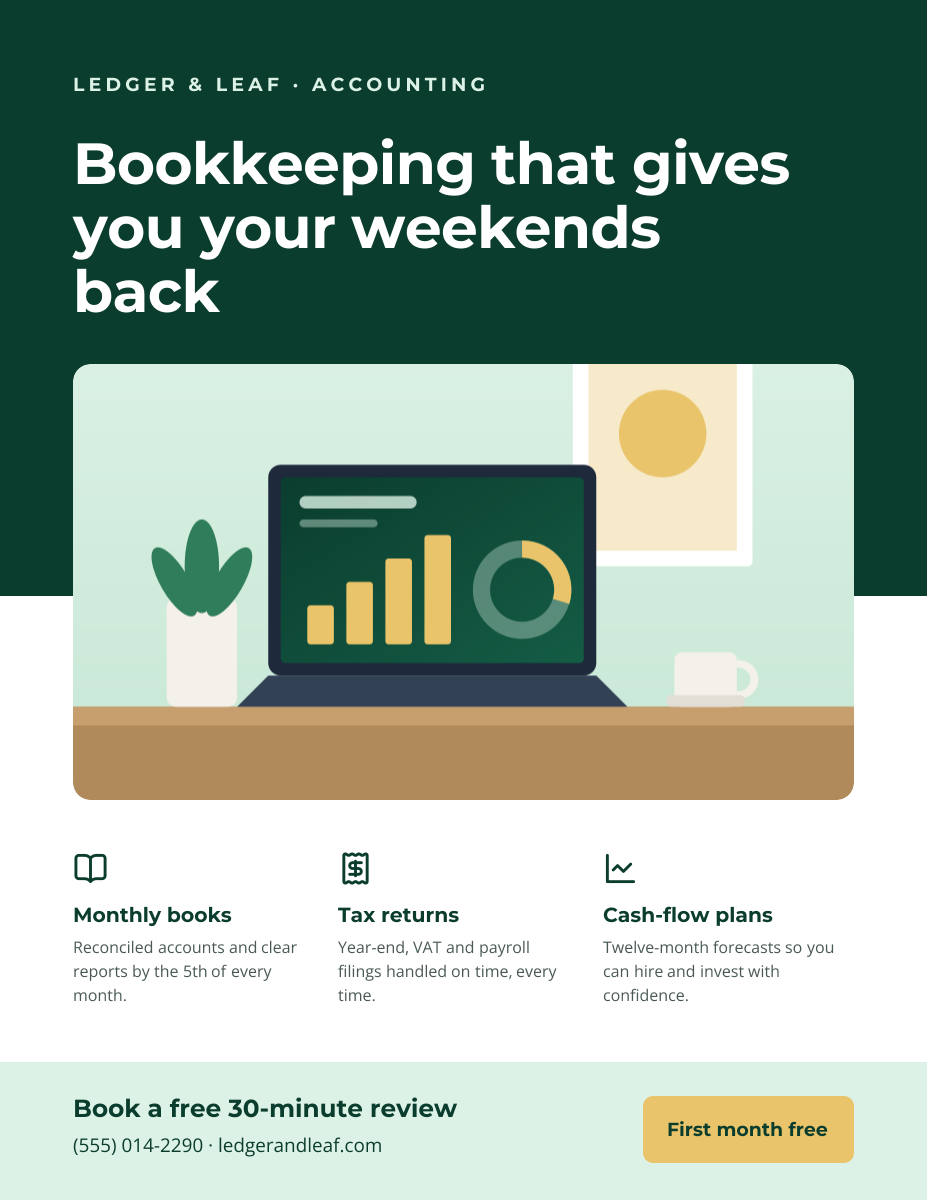 Preview of the Business Flyer template: service-business flyer with three services, icons and a contact bar