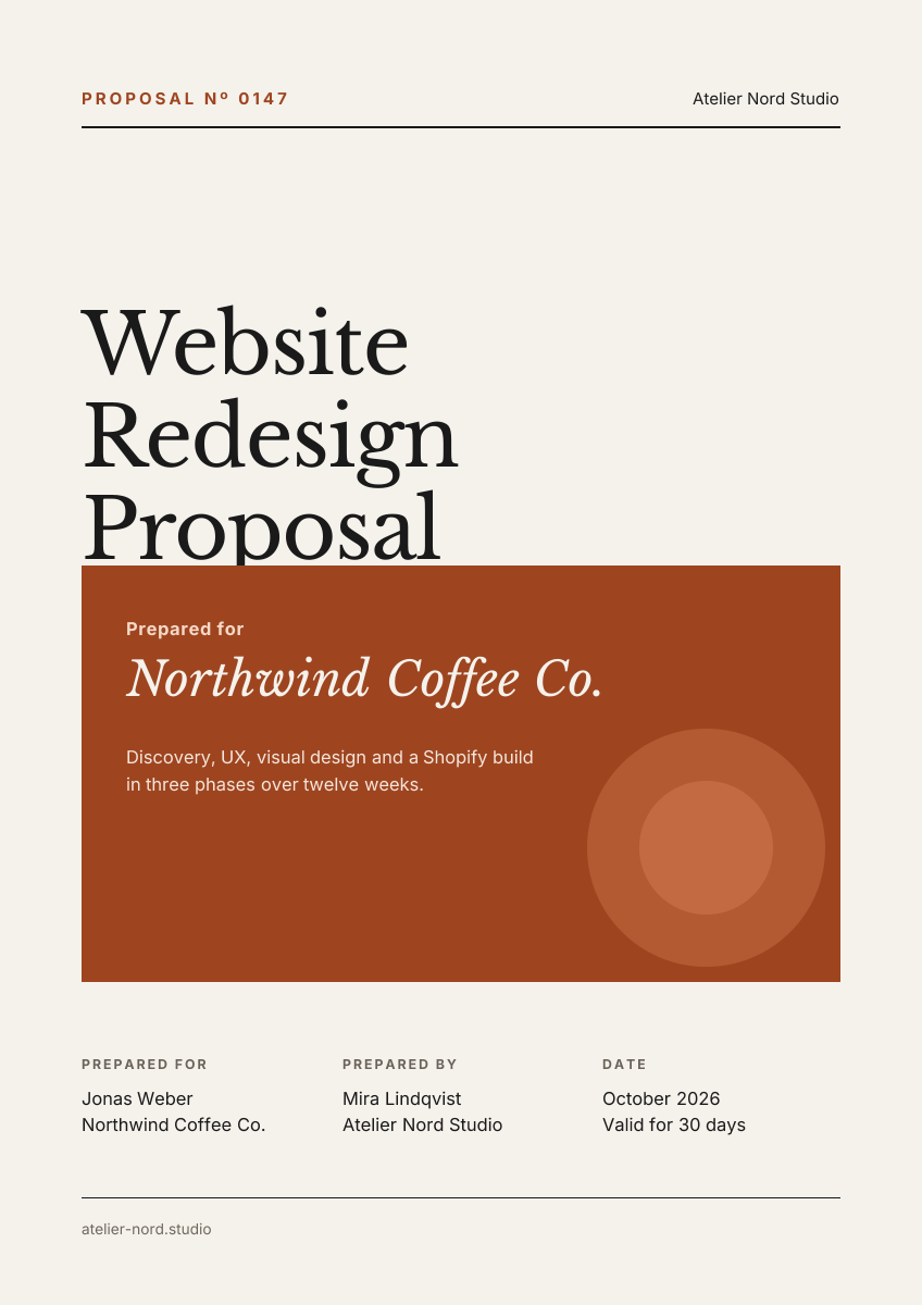 Preview of the Business Proposal Cover template: editorial a4 cover page with client, scope and a details table