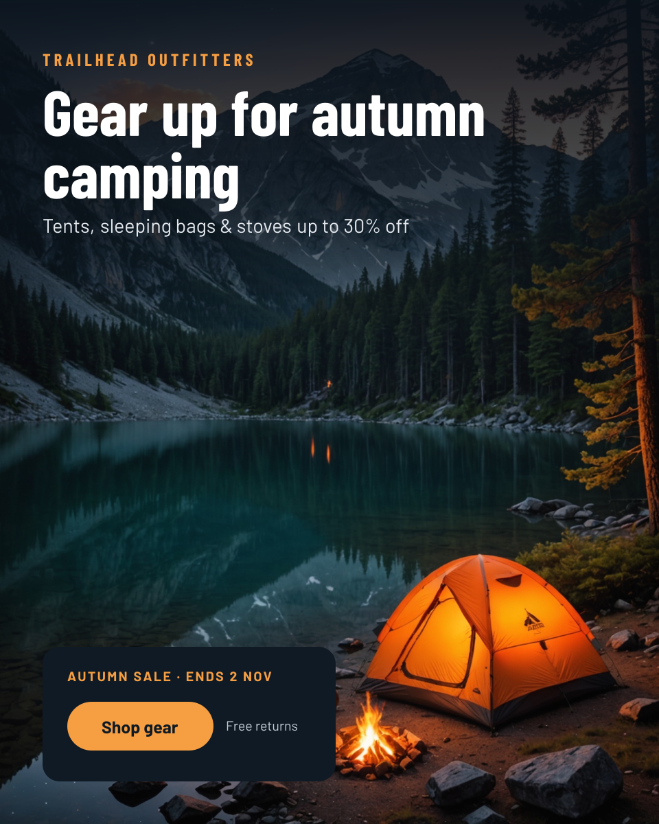 Preview of the Camping Gear Sale Ad template: glowing tent by a mountain lake at dusk with a bold autumn sale headline