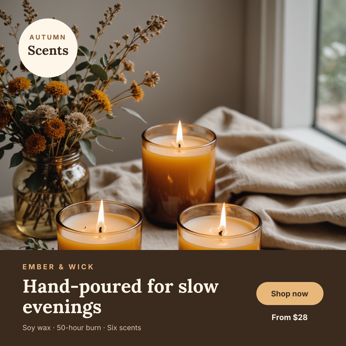 Preview of the Candle Shop Post template: glowing candle product photo with a dark brown shop band and price