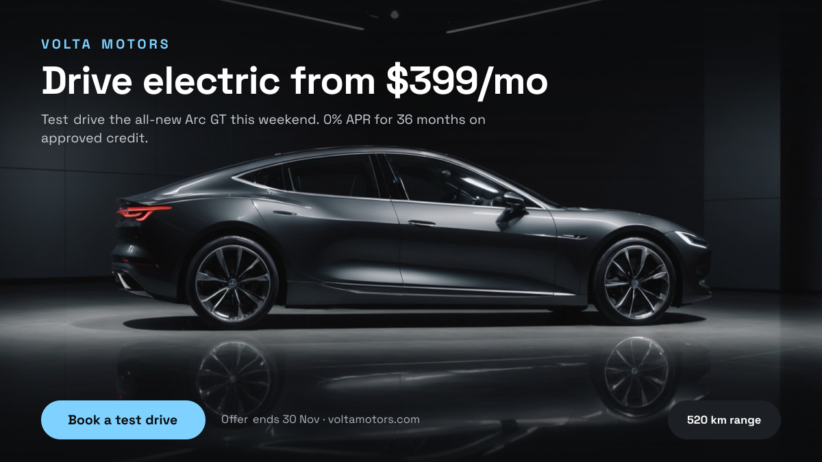 Preview of the Car Dealership Ad template: dark showroom car photo with a finance headline and test-drive button
