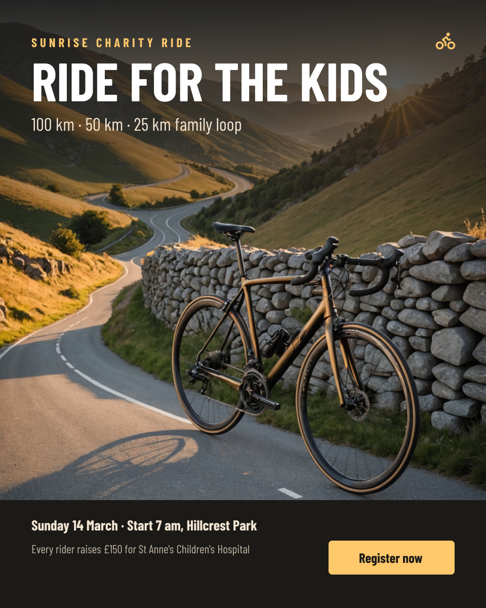 Preview of the Charity Bike Ride Poster template: sunrise mountain road photo with a bold headline, route options and sign-up bar
