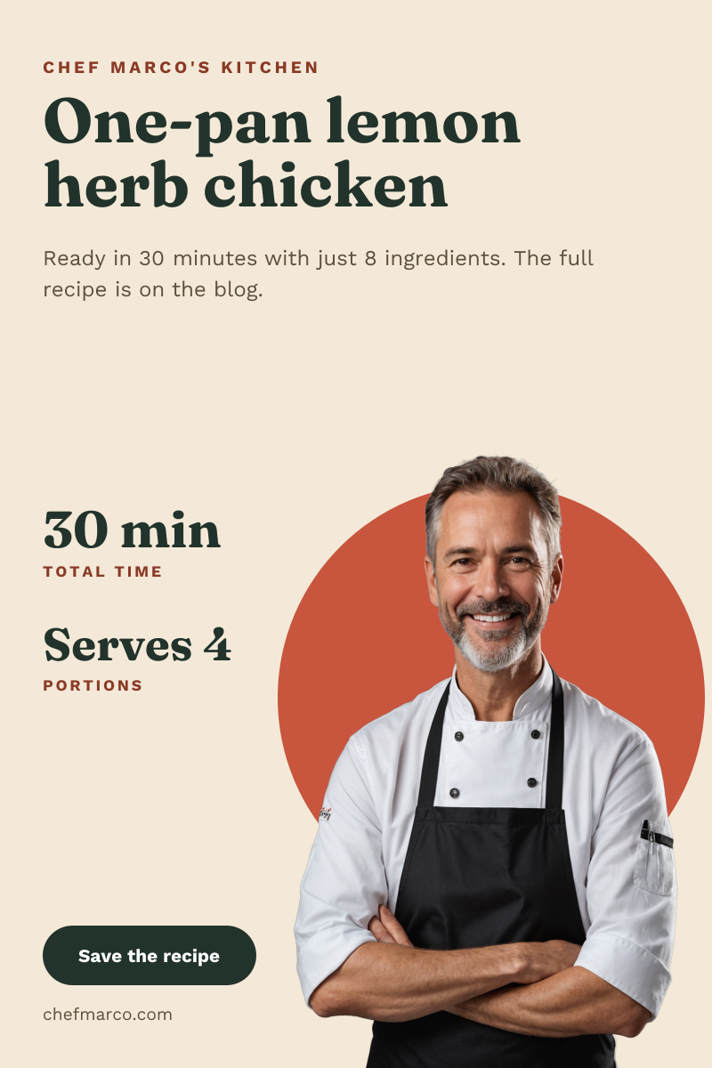 Preview of the Chef Recipe Pin template: cut-out chef on a terracotta circle with a recipe headline, cook time and servings
