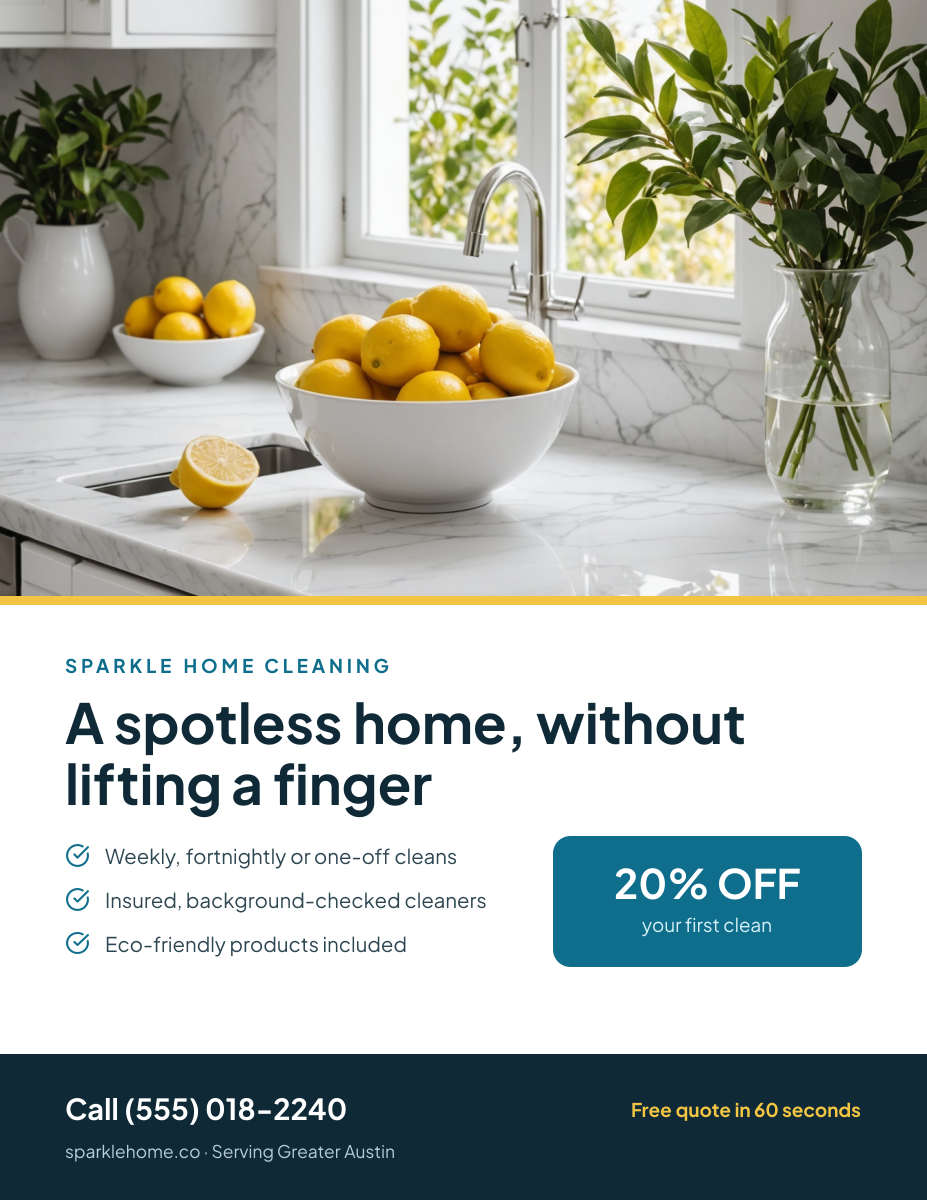 Preview of the Cleaning Service Flyer template: bright clean kitchen photo with a bold headline, checklist and discount box