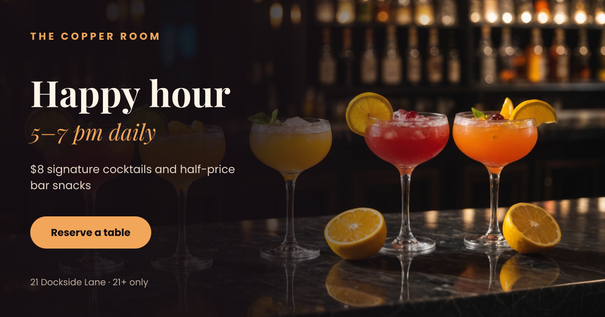 Preview of the Cocktail Happy Hour Post template: row of citrus cocktails on a marble bar with a happy hour offer on a dark fade