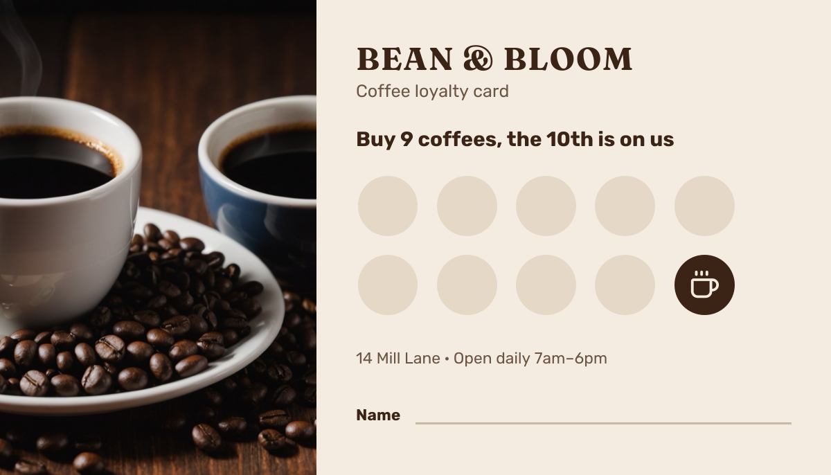 Preview of the Coffee Loyalty Card template: business-card-size stamp card with a coffee photo and ten stamp circles