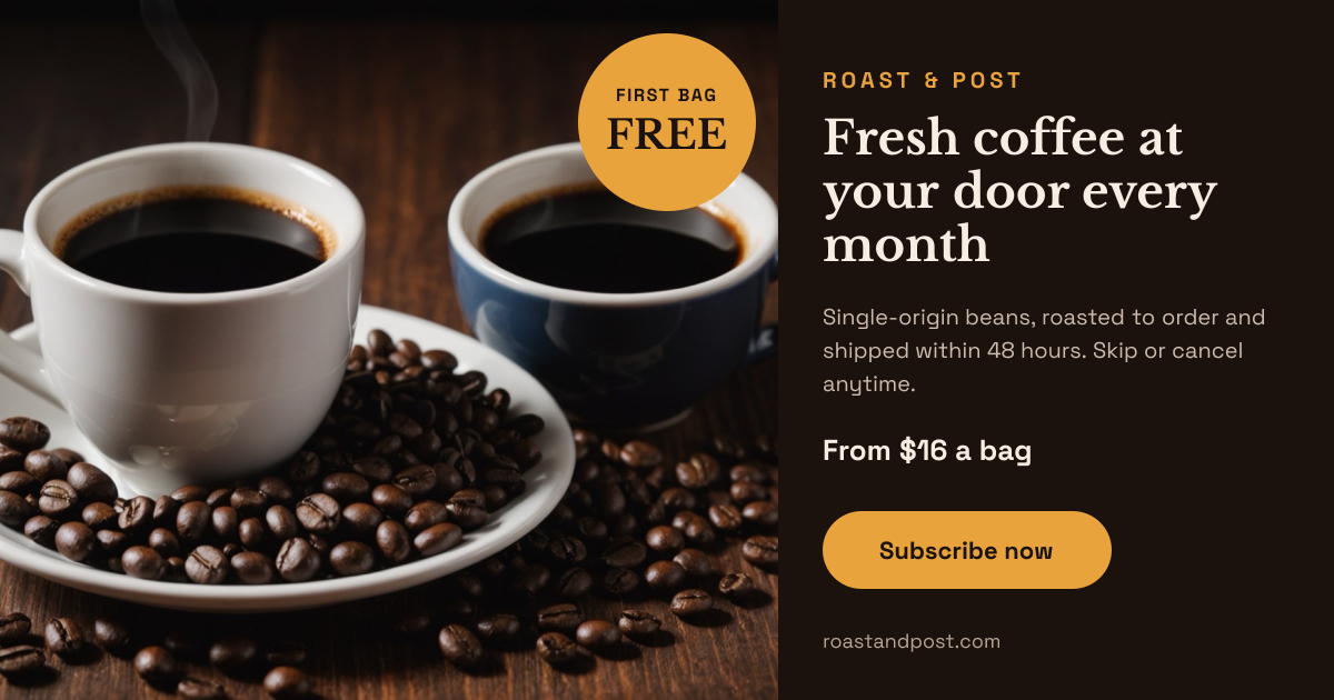 Preview of the Coffee Subscription Ad template: coffee cups and roasted beans beside a dark espresso panel with a free-bag badge