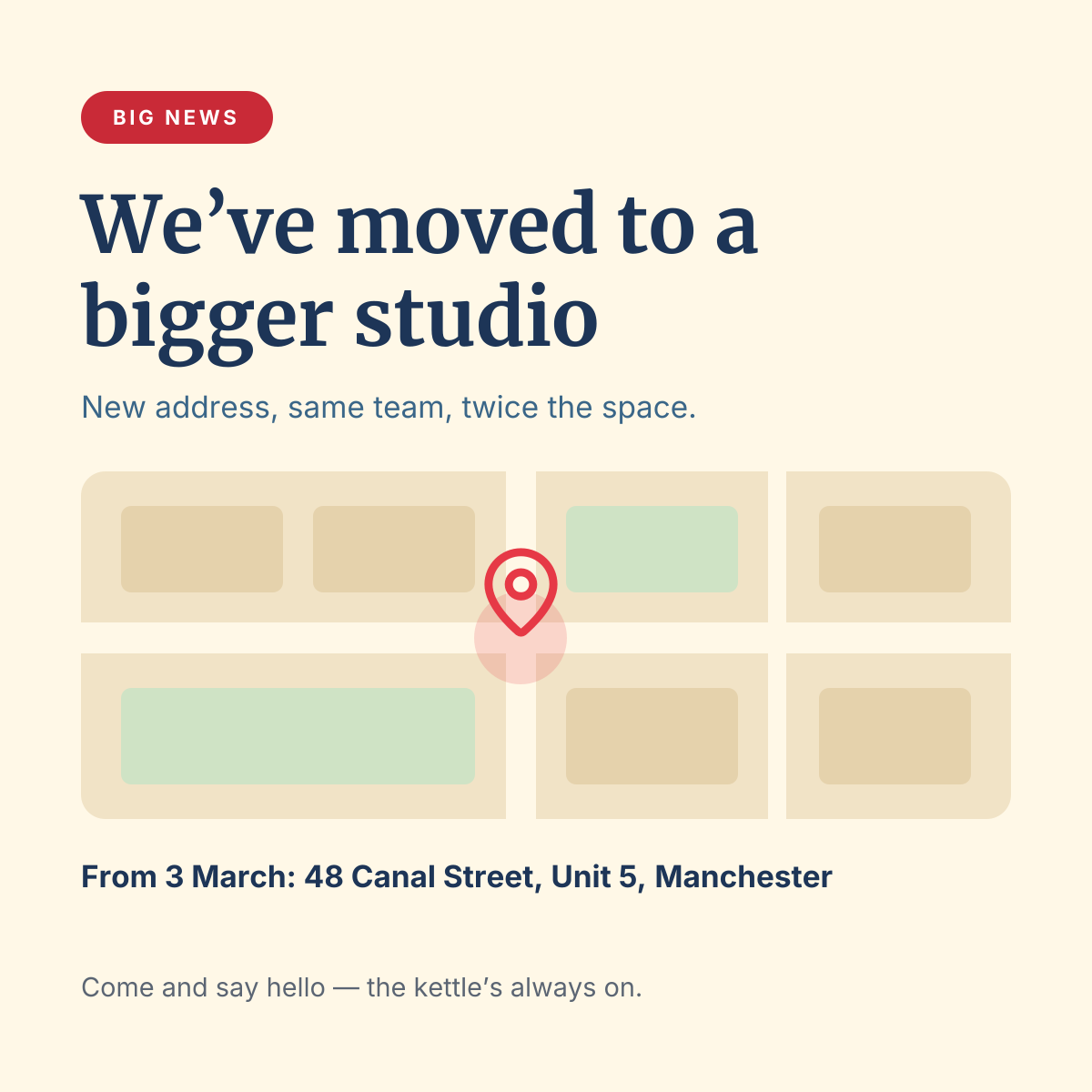 Preview of the Company Announcement template: “we’ve moved” announcement with an editable map and new address