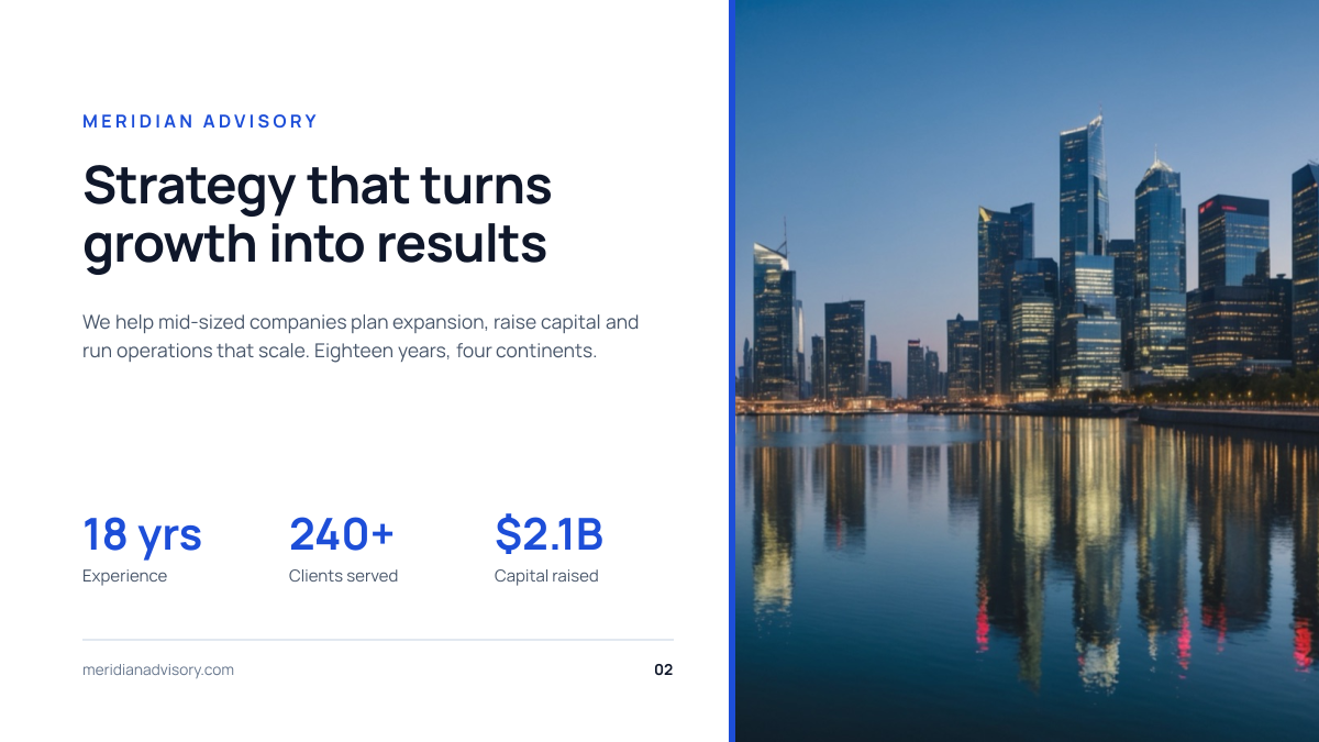 Preview of the Company Overview Slide template: clean white slide with three key stats beside a city skyline photo