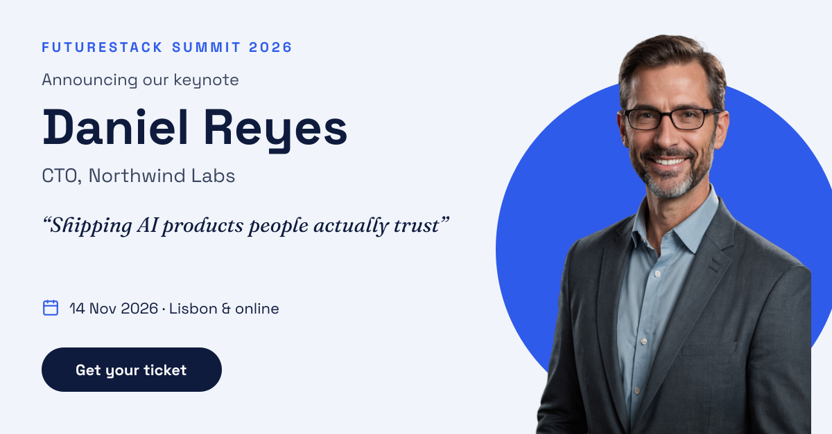 Preview of the Conference Speaker Announcement template: cut-out speaker portrait on a blue circle with name, talk title and event date