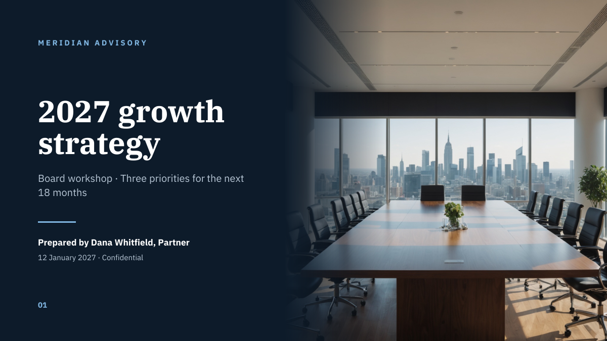 Preview of the Consulting Strategy Slide template: navy title slide with a boardroom photo, strategy headline and presenter details
