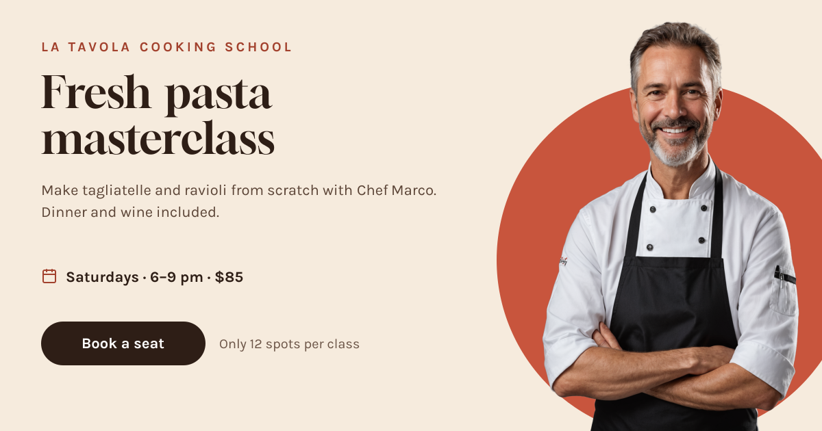 Preview of the Cooking Class Ad template: cut-out chef on a terracotta circle beside a pasta class headline and booking details