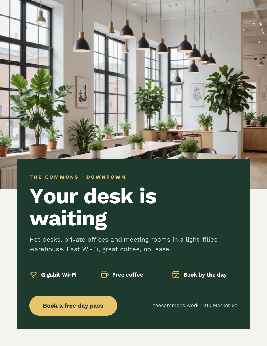 Preview of the Coworking Space Flyer template: interior photo over a deep green panel with amenities and a day-pass offer