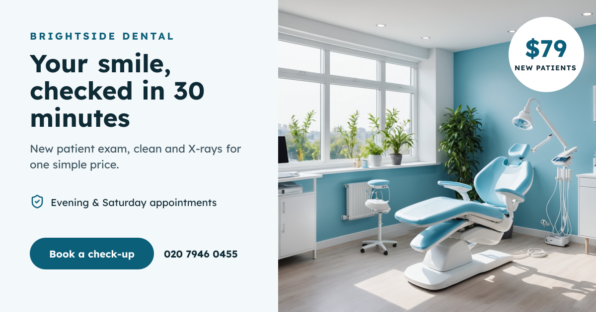 Preview of the Dental Check-up Ad template: calm dental clinic photo beside a clear new-patient offer and booking button