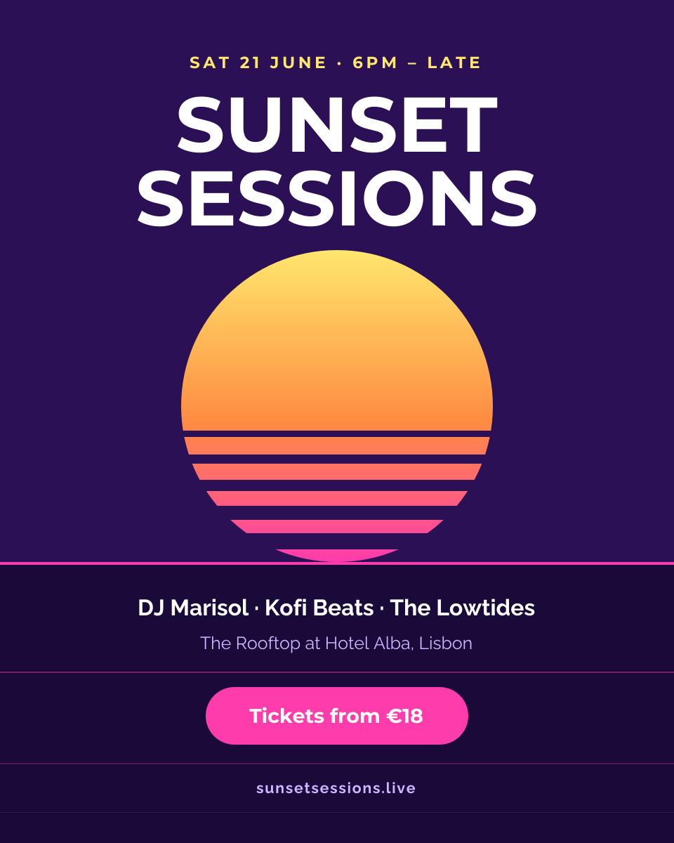 Preview of the Event Promotion Poster template: retro synthwave sunset poster with lineup, venue and ticket price