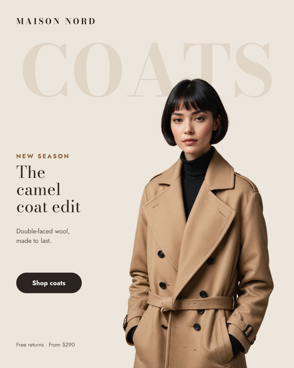Preview of the Fashion New Season Post template: cut-out model in a camel coat over a giant background word, with a collection headline