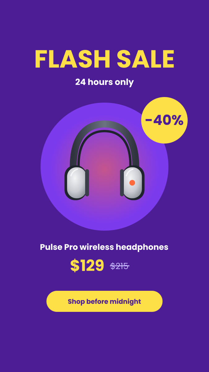 Preview of the Flash Sale Story template: purple and yellow 24-hour sale story with a product hero and price drop