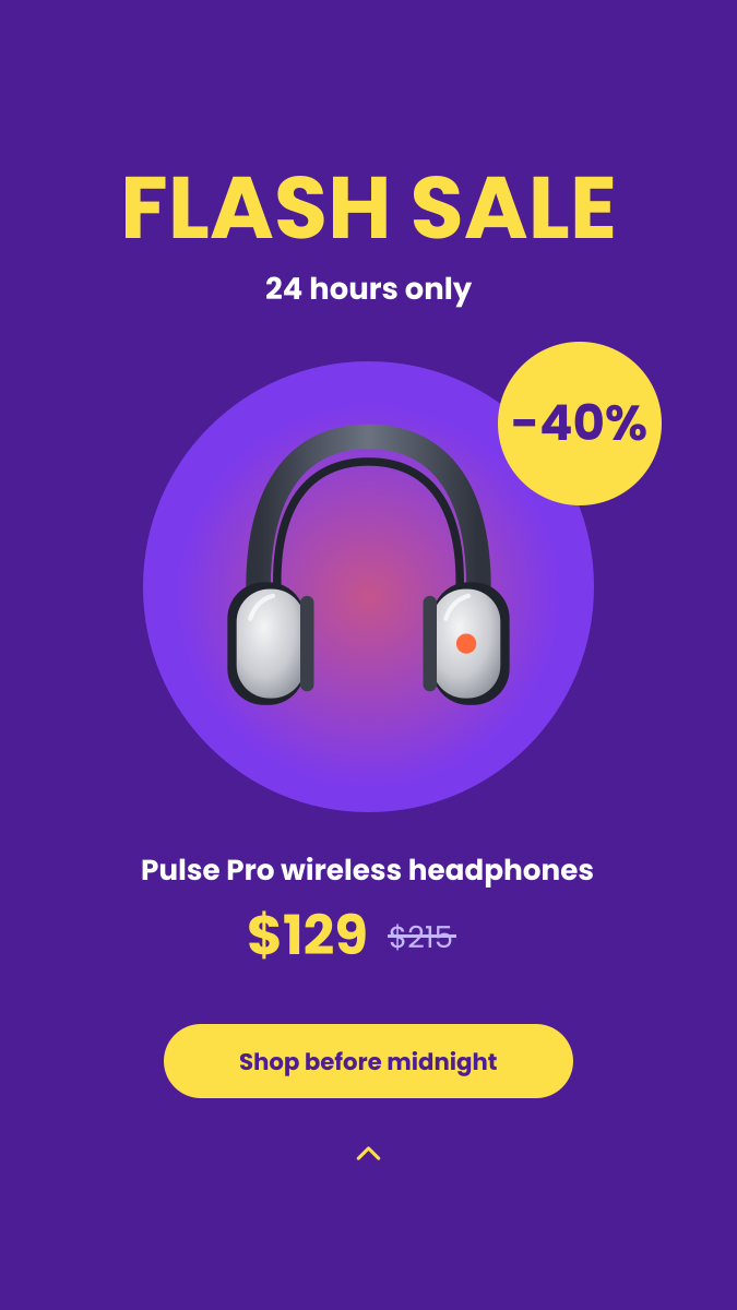 Preview of the Flash Sale Story template: purple and yellow 24-hour sale story with a product hero and price drop