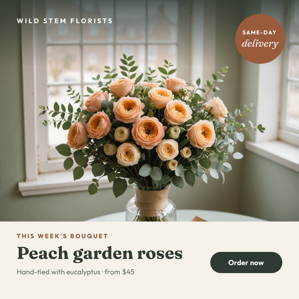 Preview of the Florist Bouquet Post template: rose bouquet photo with a delivery badge, cream text band and order button