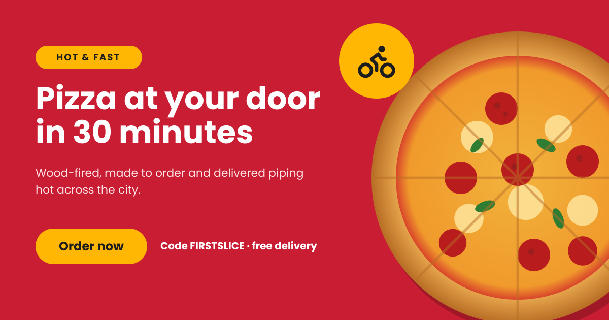 Preview of the Food Delivery Advertisement template: bold red delivery ad with a hero dish, promo code and order button
