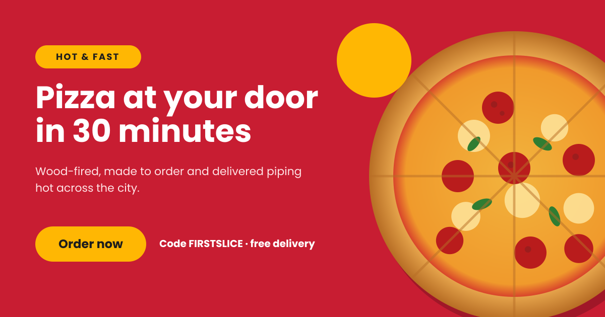Preview of the Food Delivery Advertisement template: bold red delivery ad with a hero dish, promo code and order button