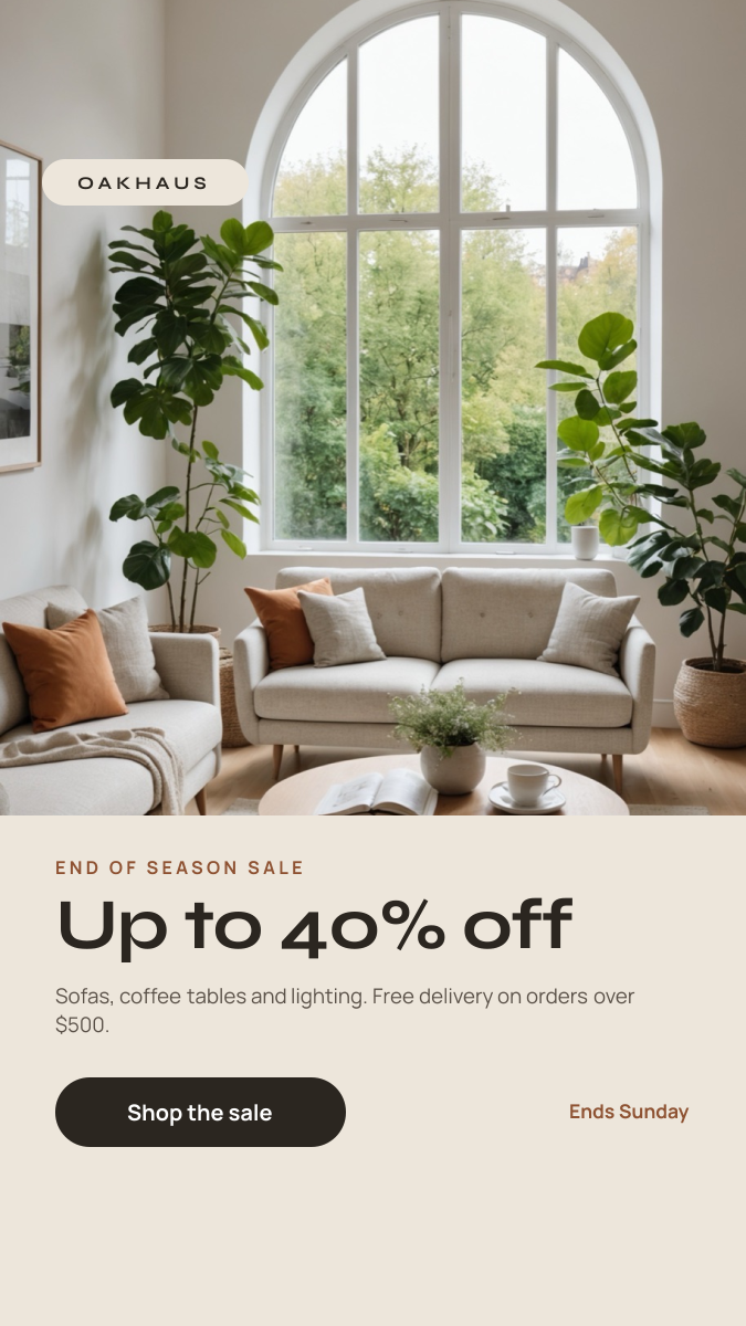 Preview of the Furniture Sale Story template: bright living room photo above a big discount headline and shop button