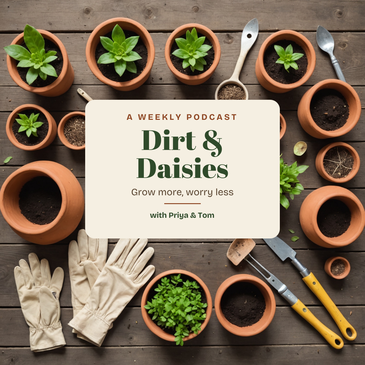 Preview of the Gardening Podcast Cover template: flat lay of pots and seedlings framing a cream title card with show name and hosts