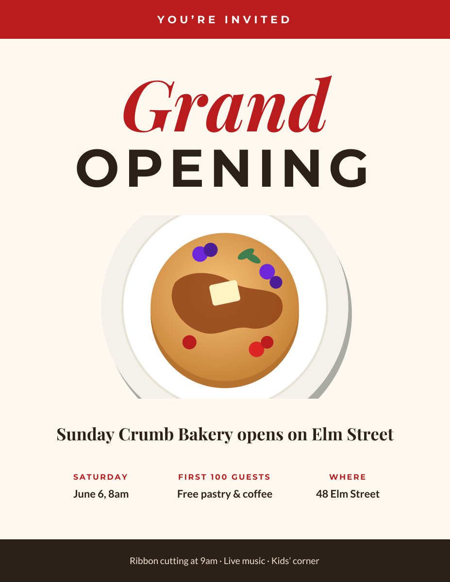 Preview of the Grand Opening Flyer template: printable opening-day flyer with a hero image, date, offer and address