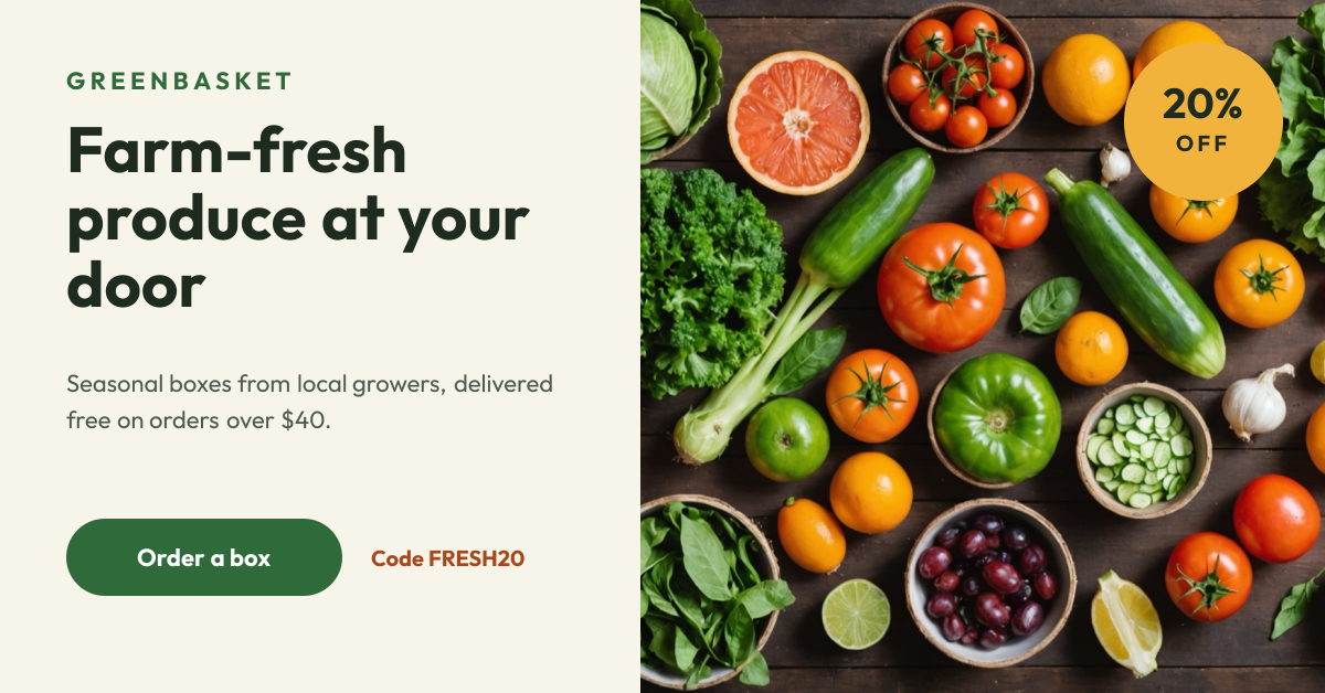 Preview of the Grocery Delivery Banner template: fresh produce photo with a bold headline, discount badge and order button