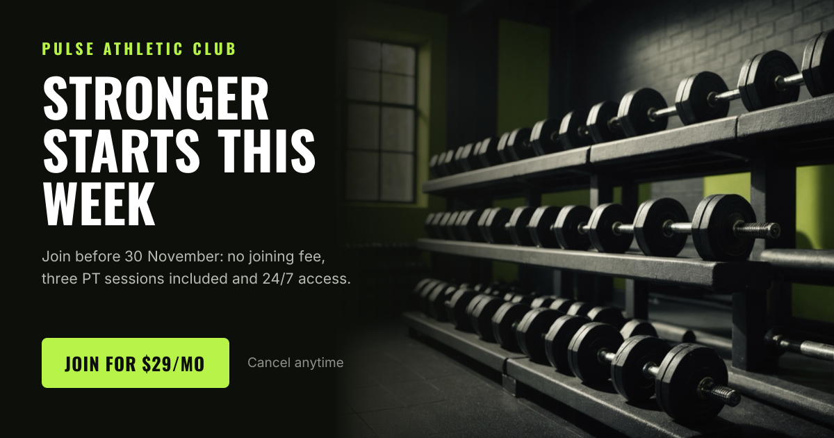 Preview of the Gym Membership Ad template: moody gym photo with a bold condensed headline and a price button