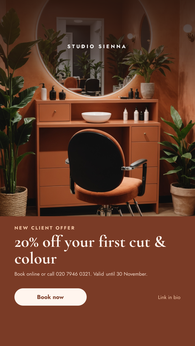 Preview of the Hair Salon Offer Story template: salon interior photo above a terracotta panel with a new client discount and button