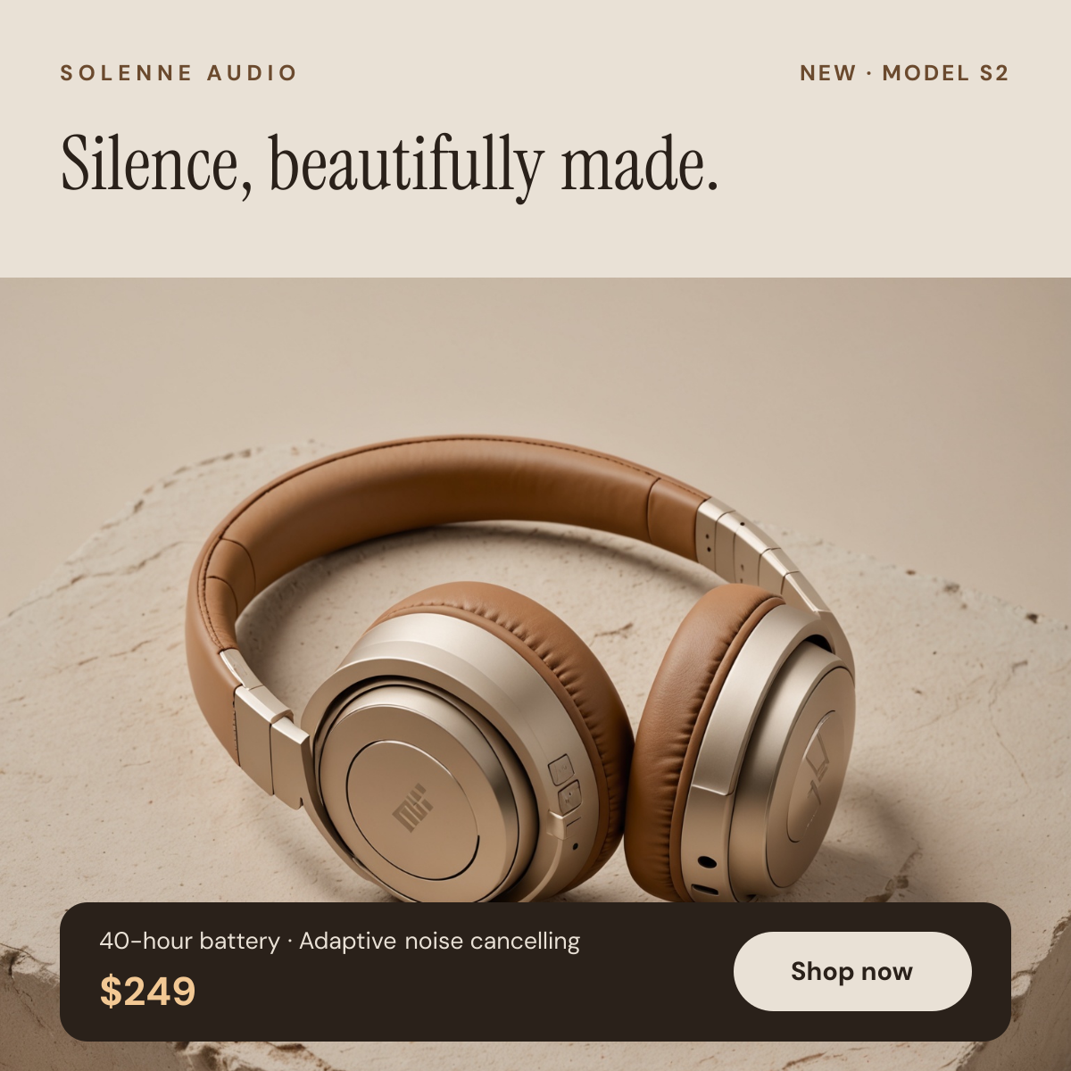 Preview of the Headphones Product Ad template: sand-coloured headphones on stone with a serif headline and a dark price card