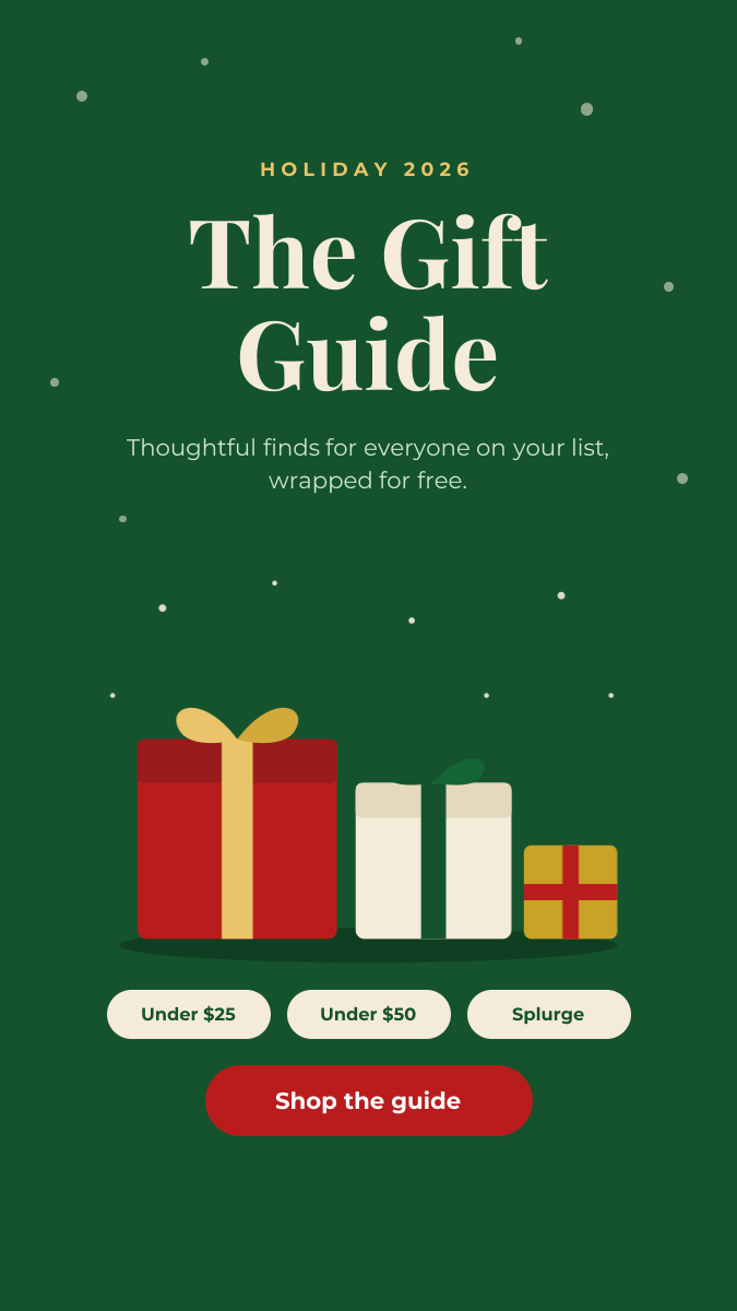 Preview of the Holiday Gift Guide Campaign template: festive story with gift illustrations and price-range shortcuts