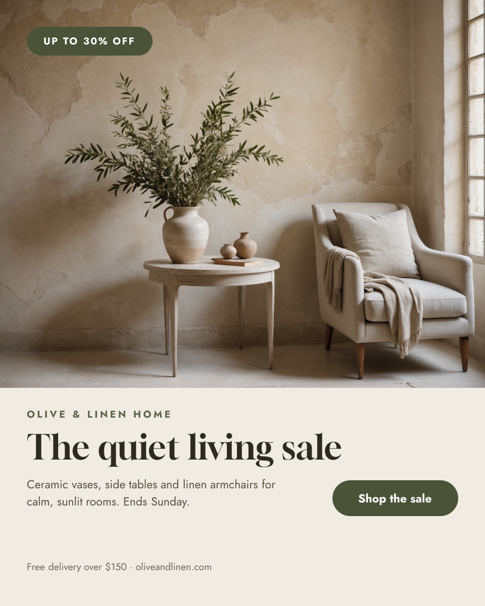 Preview of the Home Decor Sale Post template: soft plaster-wall interior photo above a linen panel with a sale headline and button