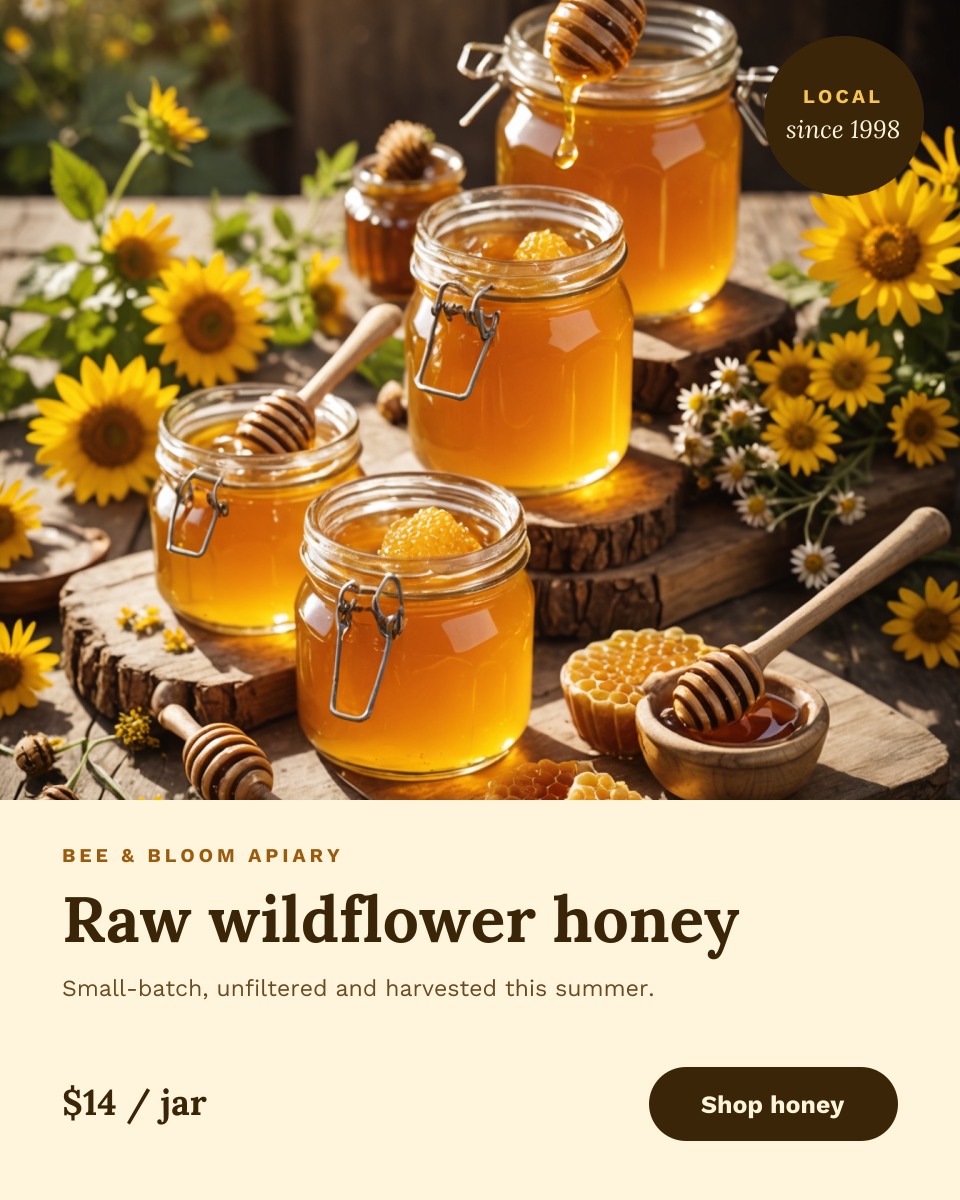 Preview of the Honey Shop Post template: sunlit honey jars and honeycomb above a cream panel with price and button