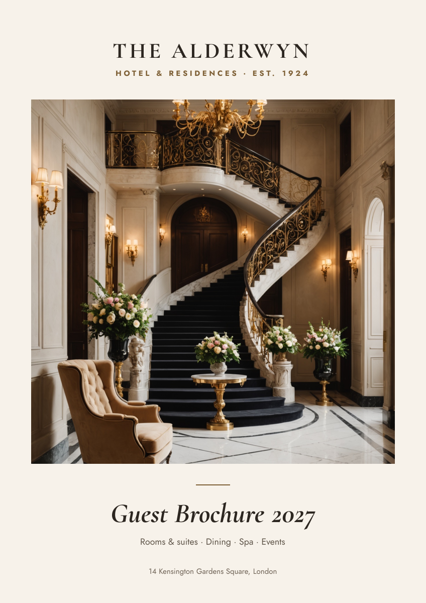 Preview of the Hotel Brochure Cover template: grand marble lobby photo framed by a serif hotel masthead and brochure title