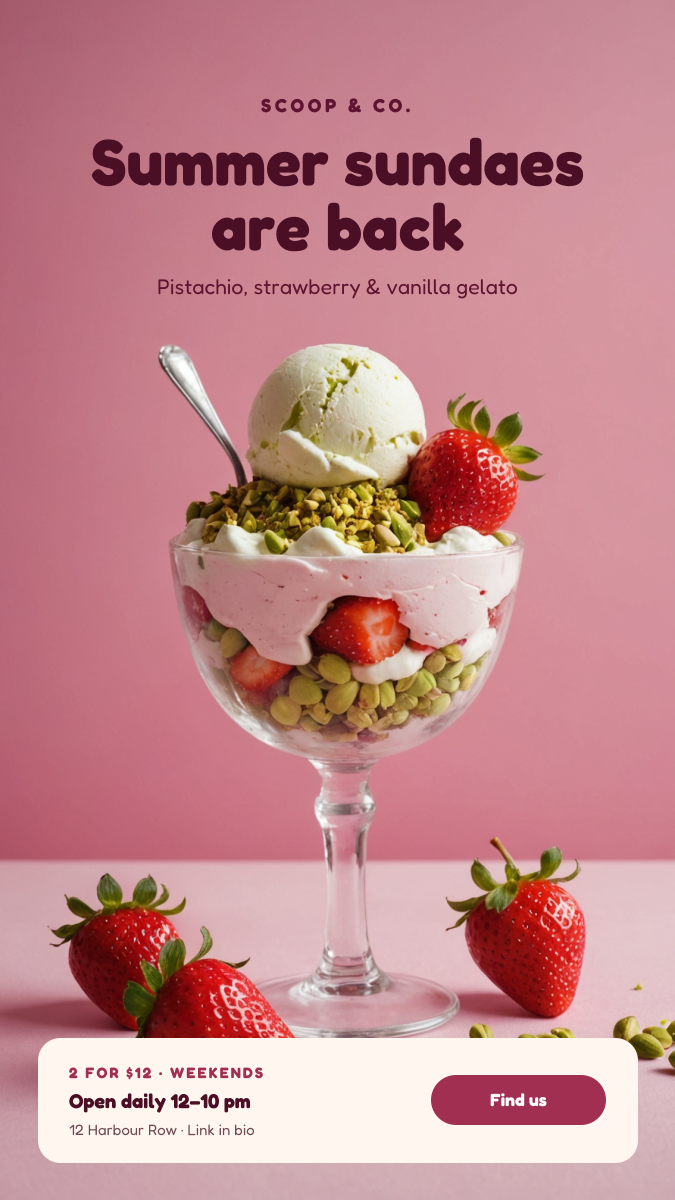 Preview of the Ice Cream Shop Story template: pink gelato sundae photo with a bold summer headline and an offer card