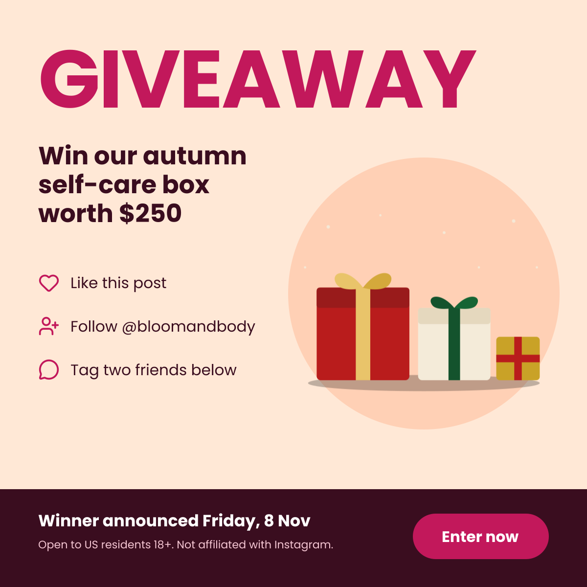 Preview of the Instagram Giveaway Post template: bold giveaway headline with the prize, three entry steps and terms