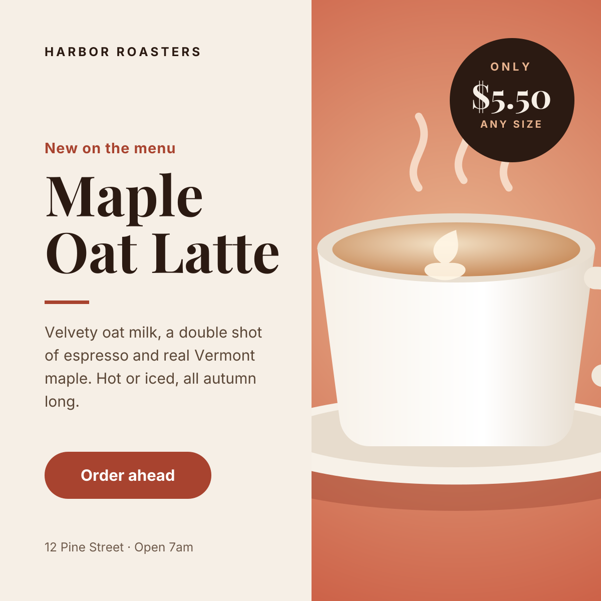 Preview of the Instagram Promotional Post template: split layout with a product photo, price badge and a clear order button