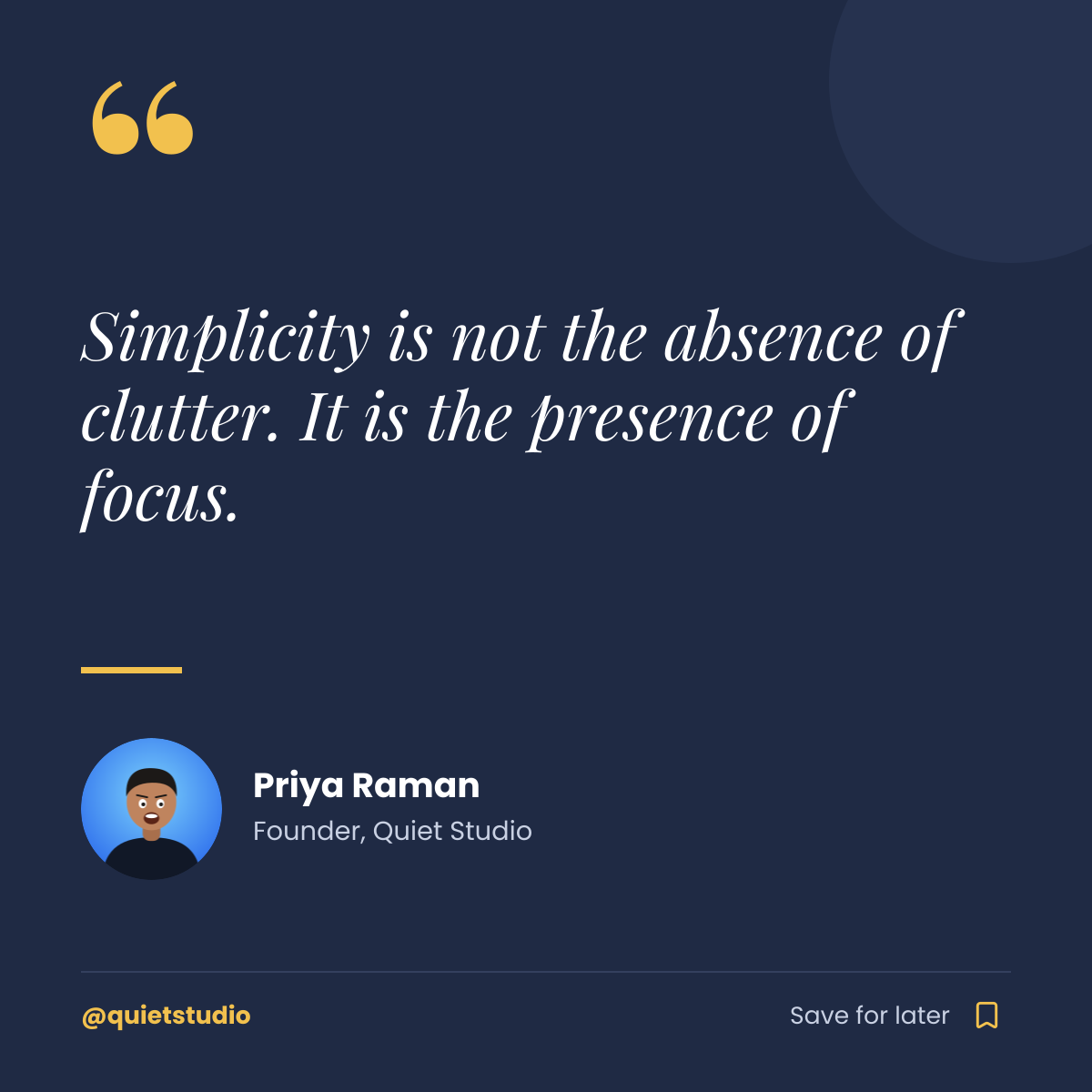 Preview of the Instagram Quote Post template: navy quote card with a gold quote mark, author portrait and save prompt
