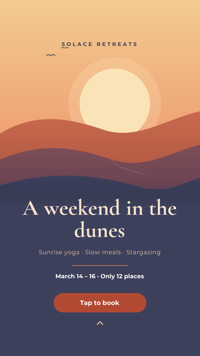 Preview of the Instagram Story template: full-bleed sunset image with event details and a tap-to-book button