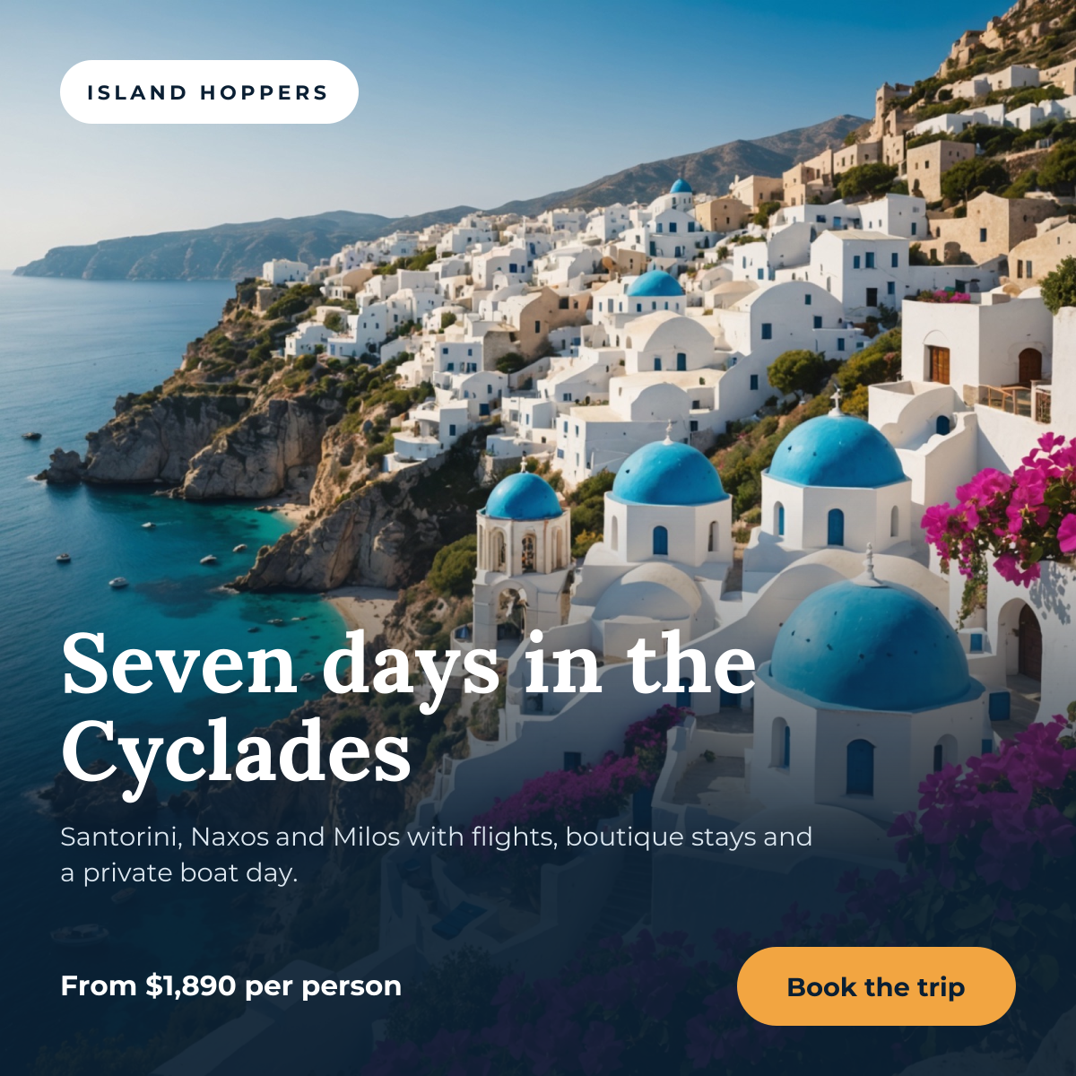 Preview of the Instagram Travel Post template: full-bleed destination photo with a trip headline, price and booking button