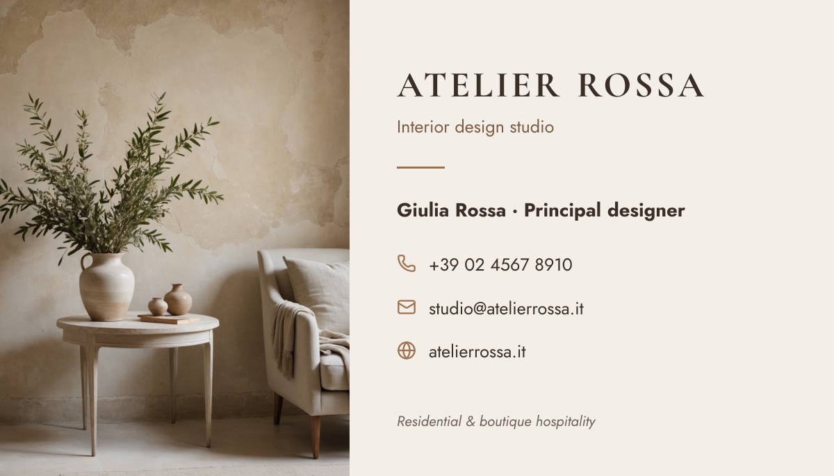 Preview of the Interior Design Business Card template: styled interior photo beside a serif studio name and icon contact lines